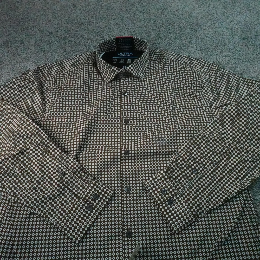 NEW J Ferrar Shirt Mens L 16.5 32/33 Brown Geometric Dress Long Sleeve Button Up